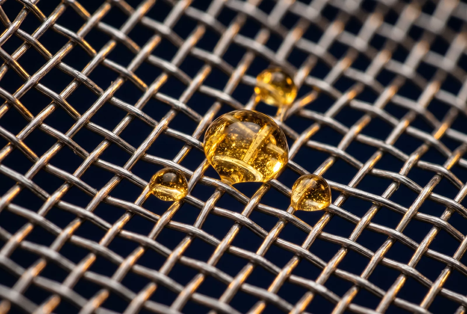 Metallfiltergewebe mit goldenen Flüssigkeitstropfen — Präzision in der Filtration